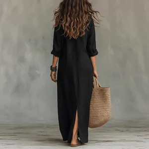 Elegant black casual maxi dress with back slit for summer travel and beach vacation wear