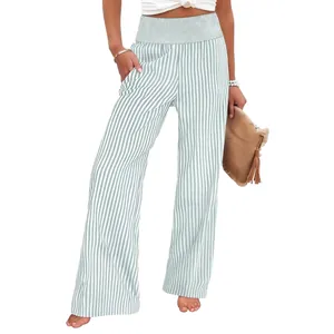 Women's high waisted green striped wide leg trousers with loose fit casual style