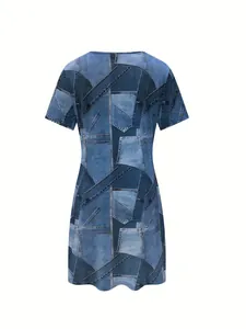 Detailed back view of a casual short-sleeve dress with a blue denim patchwork print pattern