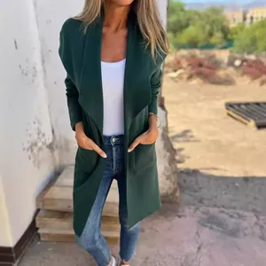 Dark green mid-length knit cardigan with lapel collar for women casual outdoor style