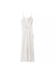 Elegant white satin slip dress with cowl neck and sexy open back for formal occasions