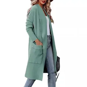 Elegant mint green long Roman cotton coat for women with open front and pockets