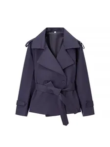 Fashionable dark purple short trench coat jacket with classic lapel collar and waist belt
