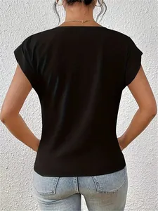 Detailed back view of a minimalist black solid color V-neck short-sleeved T-shirt for women.