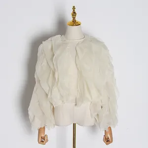 Elegante camicia da donna stile francese con volant a strati e maniche lunghe avorio