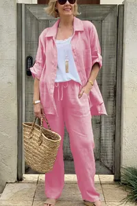 Lässiges rosa Leinen-Set für Damen mit Hemd und Hose, ideal für den modischen Sommerlook