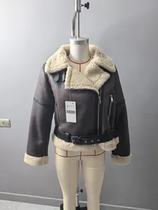 Women's dark brown faux shearling biker jacket with cozy cream fur lining details