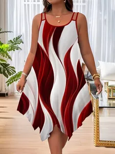 Μπροστινή όψη καλοκαιρινού φορέματος plus size με έντονα κόκκινα και λευκά κύματα.