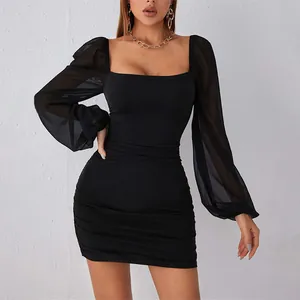 Damen Eckiger Ausschnitt Gerafft Bodycon Minikleid Elegant Netz Puff Langarm Einfarbig Schlanke Passform Abend Party Club Kleid