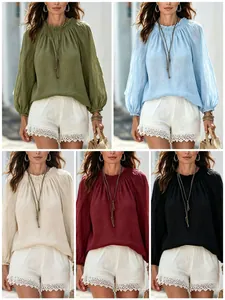 Damen Laternenärmel Einfarbig Rundhals Pullover Bluse Lässig Locker Polyester Top Resort Stil Langarm Mode Hemd