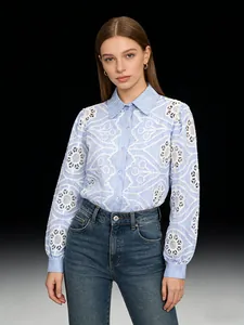 Casual blue striped shirt with intricate white lace embroidery and hollow-out floral details