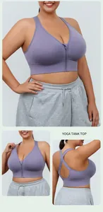 Detailed views of purple front zipper wireless sports bra for yoga and fitness.