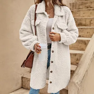 Abrigo largo de sherpa blanco con cuello de solapa y botones para invierno de mujer