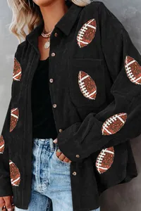 Schwarze Cordhemdjacke für Damen mit glitzernden Pailletten-Football-Aufnähern-Detail