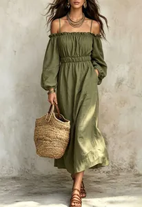 Full-length view of olive green off-shoulder linen maxi dress with puff sleeves.