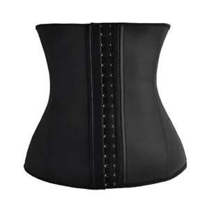 Black waist trainer with three-row hook closures and flexible steel bones for women.