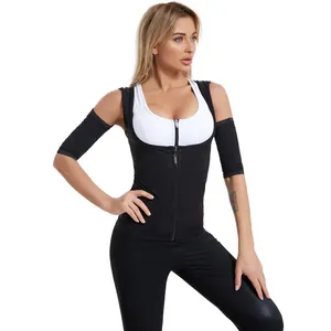 Close-up of women's black sweat-inducing shaper vest with arm sleeves for fitness
