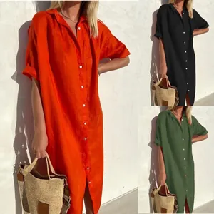 Women Elegant Casual Cotton Linen Maxi Dress Button Down Short Sleeve Shirt Dress Oversized Loose Holiday Dress With Pockets