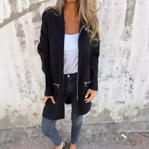 Casual black zip-up mid-length jacket for women with stylish silver zipper details.