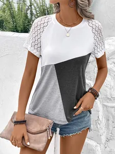 Lässiges Damen T-Shirt mit modernem Farbblock, Spitzenärmeln und Rundhalsausschnitt