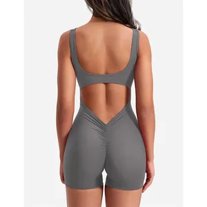 Detailed back view of a grey sleeveless backless ruched yoga bodysuit romper for women