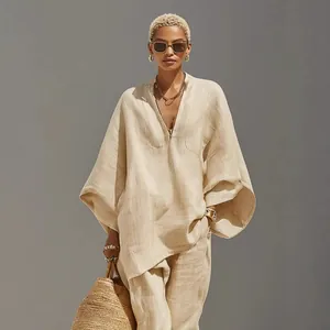Elegantes Damen-Freizeitset im Leinenstil mit V-Ausschnitt-Fledermausärmeln und weiter Hose