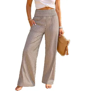 High waisted vertical striped wide leg pants for women with smocked elastic waistband