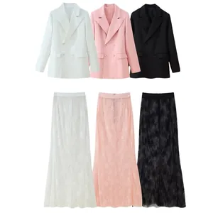 Elegant double-breasted blazer and long lace skirt two-piece set in white pink and black