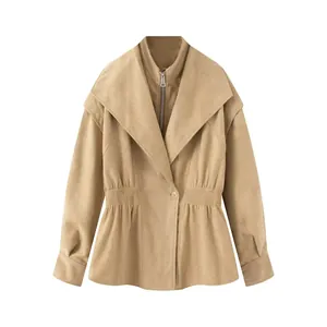 Retro British style camel faux suede jacket with slim waist and fake two-piece design