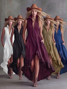 Detail view of five different colored sleeveless dresses with front zipper closure