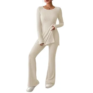 Elegant cream slim fit ribbed knit two-piece set with long sleeve top and flared pants
