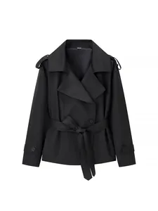 Elegant stylish black short trench coat jacket featuring lapel and waist belt for women
