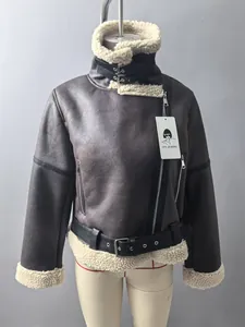 Detailed view of a brown faux shearling aviator jacket with belt shown on a mannequin