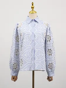 Blue and white striped shirt with elegant white floral embroidery and hollow-out detail