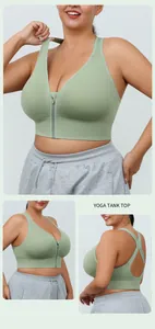Detailed views of a light green front-zipper sports bra featuring a racerback design