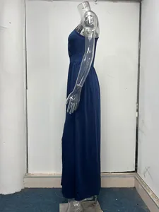 Side view of navy blue one-shoulder maxi dress with high waist and side slit.