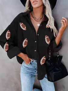 Damen Vintage Cord Hemd Jacke Top Locker Pailletten Rugby Muster Schwarz Einreihig Herbst Winter Mantel Streetwear Bekleidung