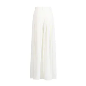 Back view of elegant white high-waisted wide-leg trousers with soft pleated detail