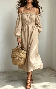 Elegant beige off-shoulder cotton linen maxi dress with pleated details for vacation wear