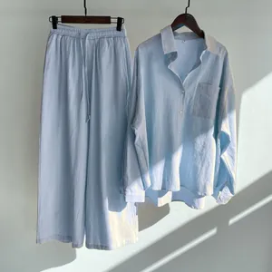 Light blue 2-piece cotton linen set with button-down shirt and wide-leg pants
