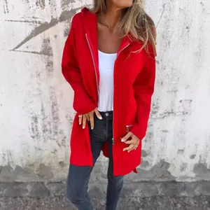 Casual women's red solid zip-up hooded jacket for autumn and winter outdoor style