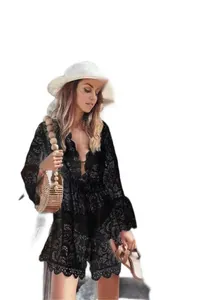 Elegant black lace V-neck beach cover-up tunic for women summer beachwear styles