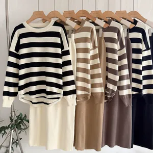 Striped knitted long-sleeve top and high-waist midi skirt two-piece sets in multiple colors