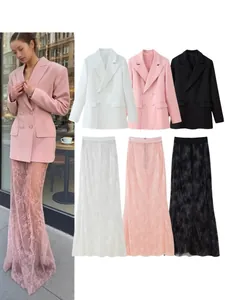 Elegant Women Top And Bottom Blazer And Lace Skirt Co-ord Set Double Breasted Slim Fit Jacket And Floral Long Skirt Suit