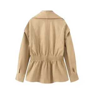 Back view of a vintage khaki suede jacket for women featuring a cinched waist detail