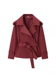 Elegant women's wine red short trench coat with lapel collar and adjustable waist belt