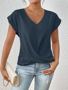 Elegant women's V-neck short sleeve T-shirt with twisted hem in navy blue