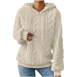 Gemütlicher beigefarbener Fleece-Hoodie für Damen mit dickem Jacquard-Strickmuster