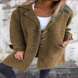 Detail showing olive green mid-length button-up cardigan coat for women with pockets.