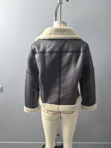 Detailed back view of a dark brown faux shearling aviator jacket for women street style